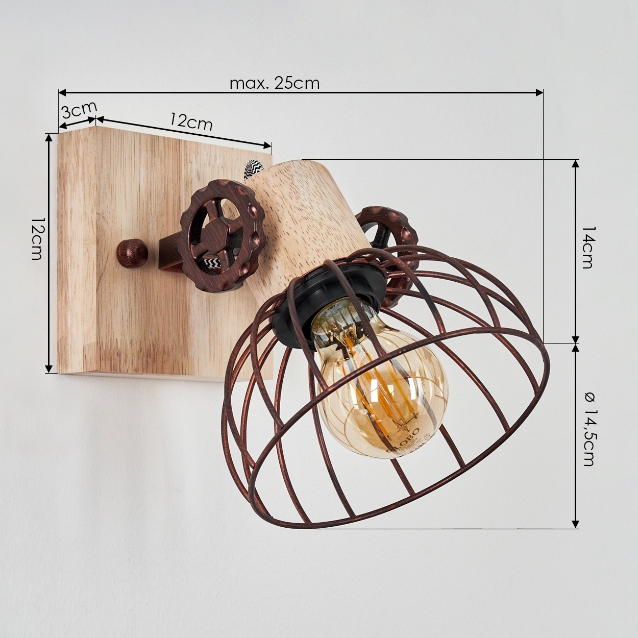 Eine Wandlampe mit Holzsockel und Metallkäfig um die Glühbirne. Abmessungen sind auf dem Bild angegeben.