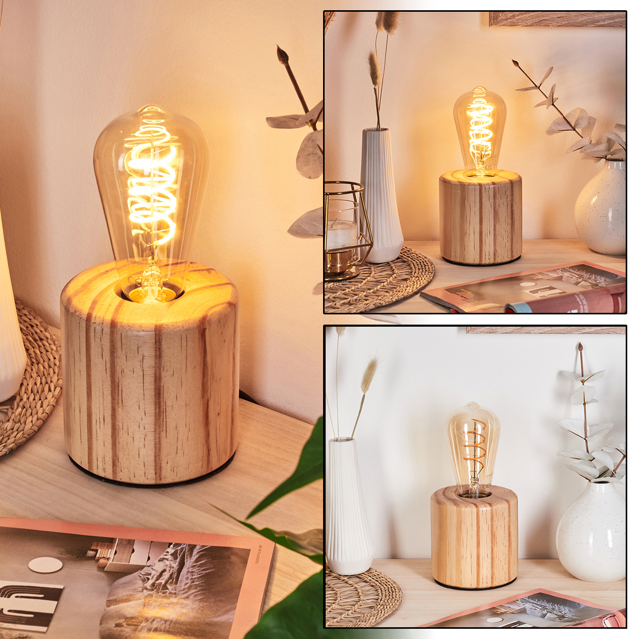 Eine leuchtende Glühbirne sitzt auf einem Holzsockel. Vasen, Pflanzen und eine Zeitschrift sind im Hintergrund zu sehen.