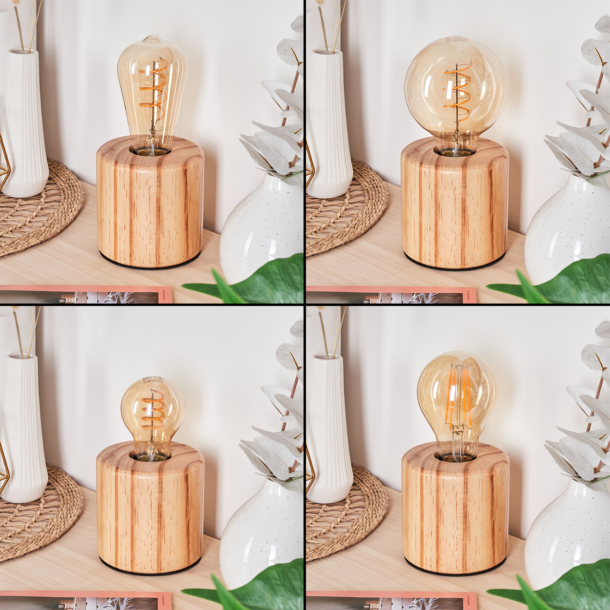 Vier Bilder. Jedes zeigt eine Lampe mit Holzsockel und großer Glühbirne. Vasen, Pflanzen und eine gewebte Matte sind ebenfalls vorhanden.