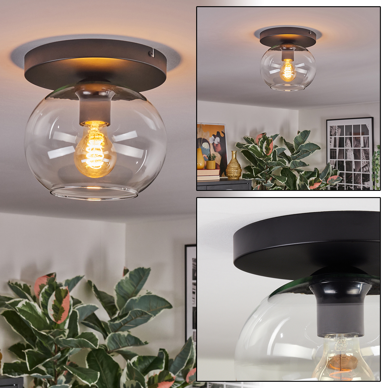 Nahaufnahme einer Deckenlampe mit Glasschirm und sichtbarer Glühbirne. Die Lampe ist an einer weißen Decke montiert.