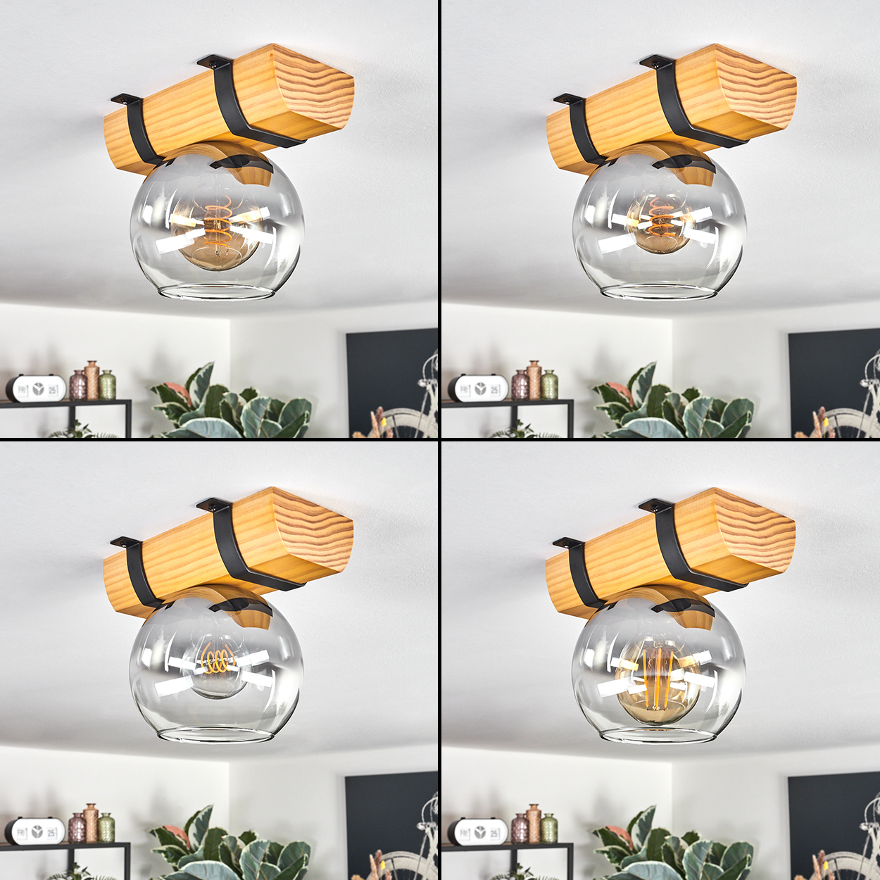 Eine Deckenlampe mit Holzbalken, schwarzen Metallhaltern und einem Glaskugel mit Glühbirne. Hintergrund beinhaltet Deko.
