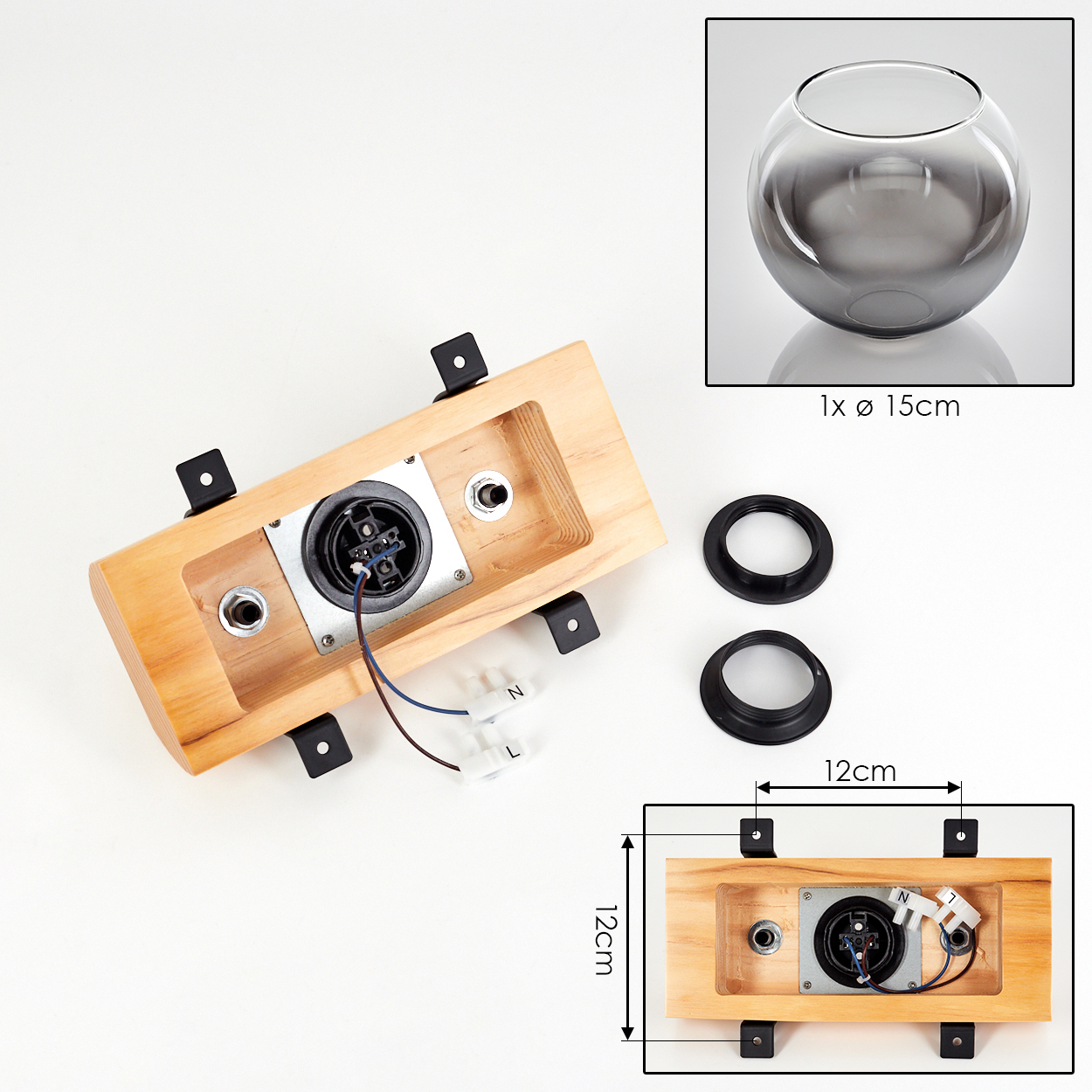 Lampensockel aus Holz mit elektrischen Komponenten. Eine Glaskugel und zwei schwarze Ringe sind ebenfalls abgebildet. Abmessungen sind angegeben.