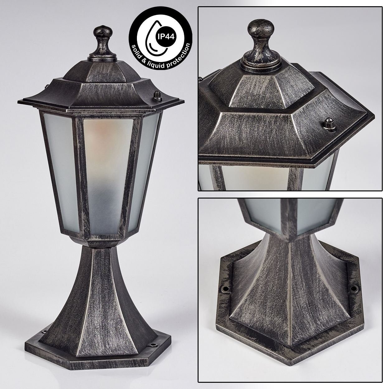 Eine metallische Außenlampe mit einer Milchglasscheibe, IP44-Symbol und eine detaillierte Nahaufnahme.