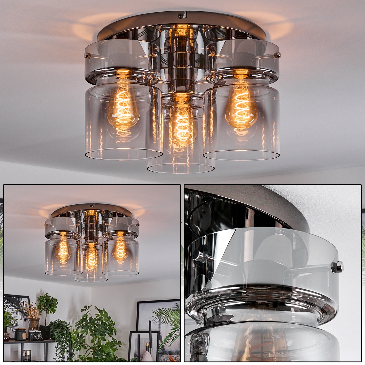 Eine moderne Deckenleuchte mit fünf transparenten Glasschirmen und Glühbirnen im Edison-Stil, montiert auf einem metallischen Sockel.