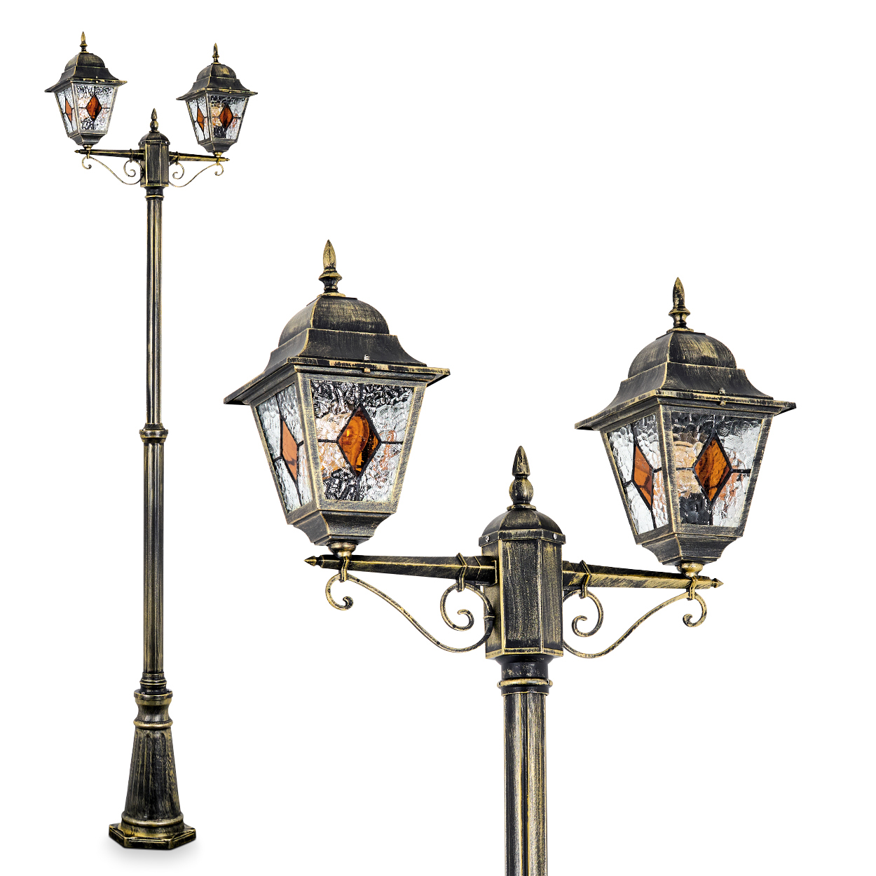Eine verzierte Straßenlaterne mit drei Glaslaternen. Die Laternen haben ein braunes Rautenmuster und einen weißen Hintergrund.