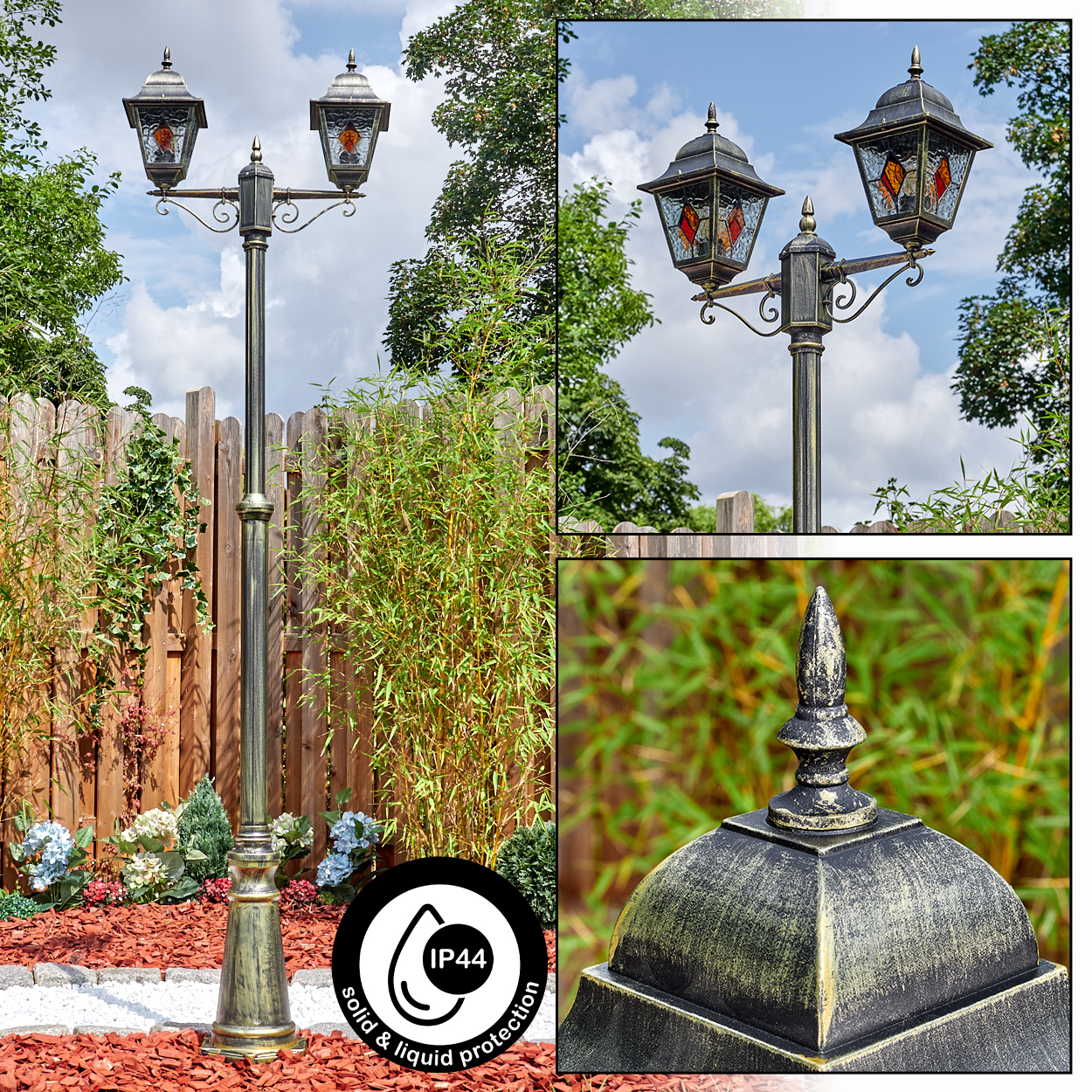 Eine dekorative Außenlaterne mit zwei Lampen, umgeben von Bambus und einem Holzzaun, mit IP44 Festkörper- und Flüssigkeitsschutz.