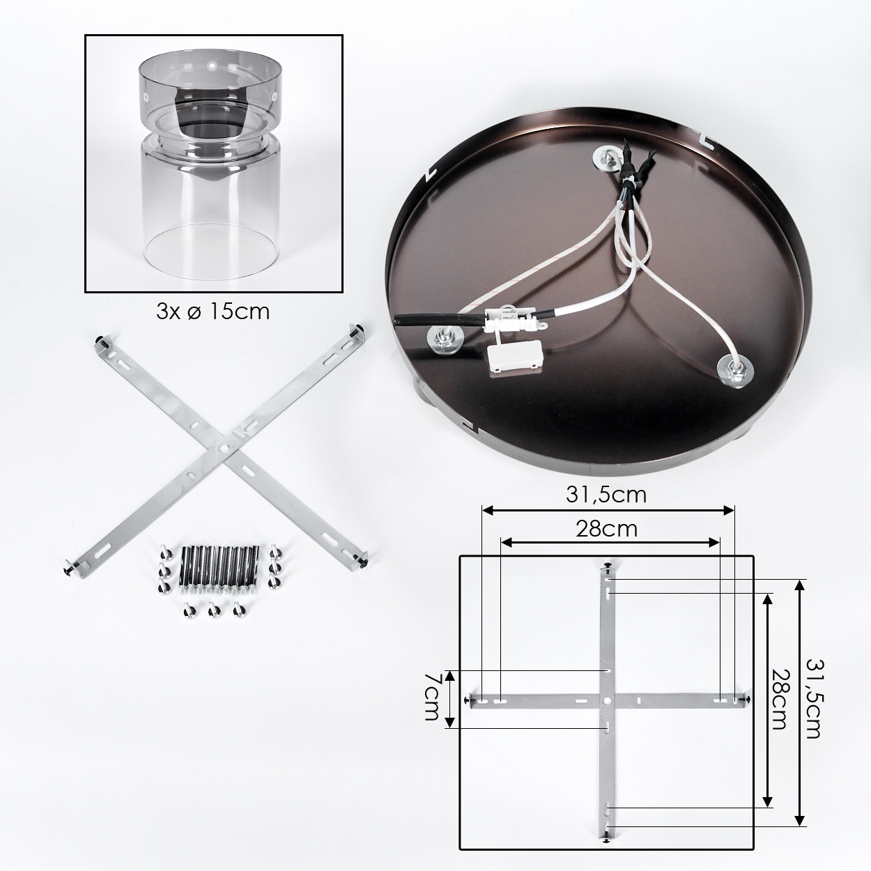 Komponenten der Deckenleuchte: eine dunkelbraune kreisförmige Basis, ein Glasschirm, Metallhalterungen, Schrauben und Maße in cm.