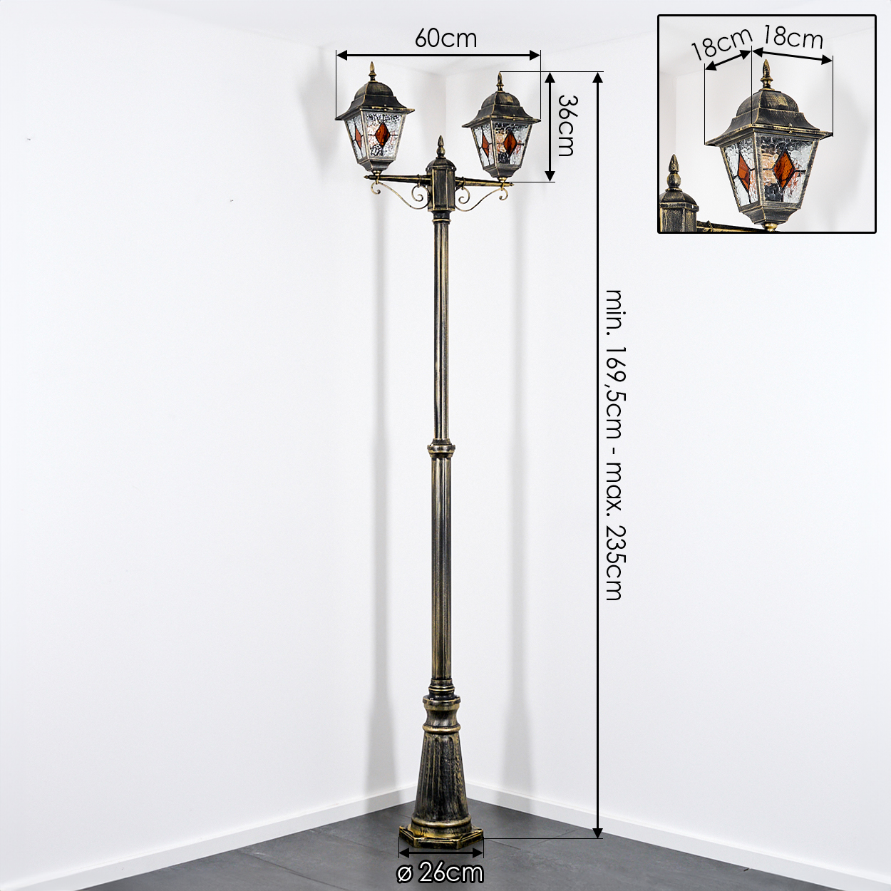 Dekorative Außenlaterne. Sie hat zwei Laternen und ist goldbraun. Abmessungen sind auf dem Bild angegeben.
