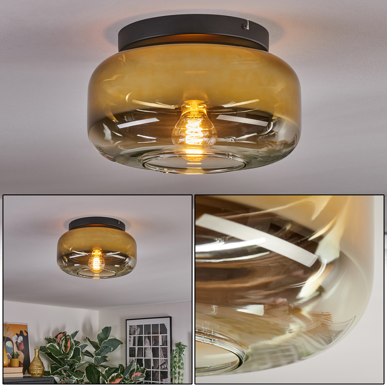 Eine moderne Deckenlampe mit Glasschirm in warmem Bernsteinfarbton. Die Glühbirne ist sichtbar, die Lampe ist an der Decke montiert.