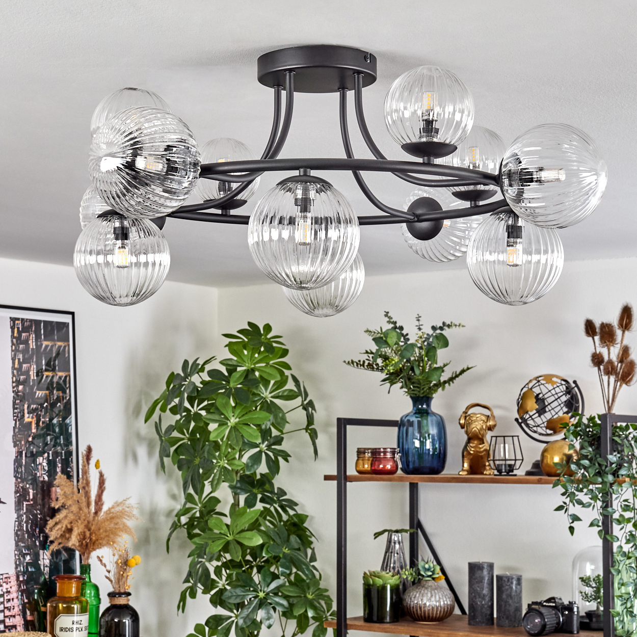 Eine moderne Deckenlampe mit Glaskugeln hängt in einem Raum. Regale halten Dekor: Vasen, eine Hundestatue, einen Globus und Pflanzen.