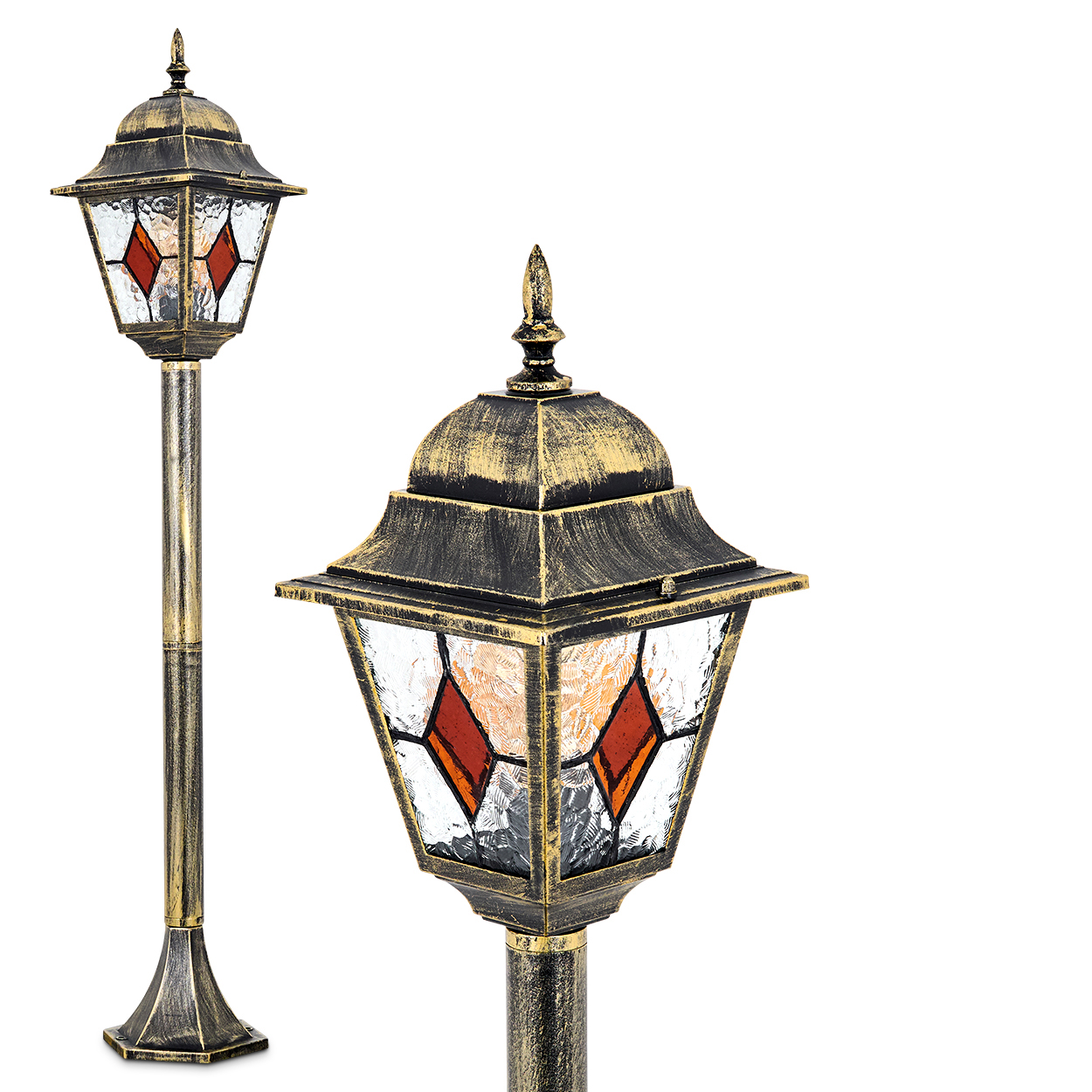Zwei dekorative Außenlampen mit goldenen Rahmen und roten rautenförmigen Glaspaneelen auf weißem Hintergrund.