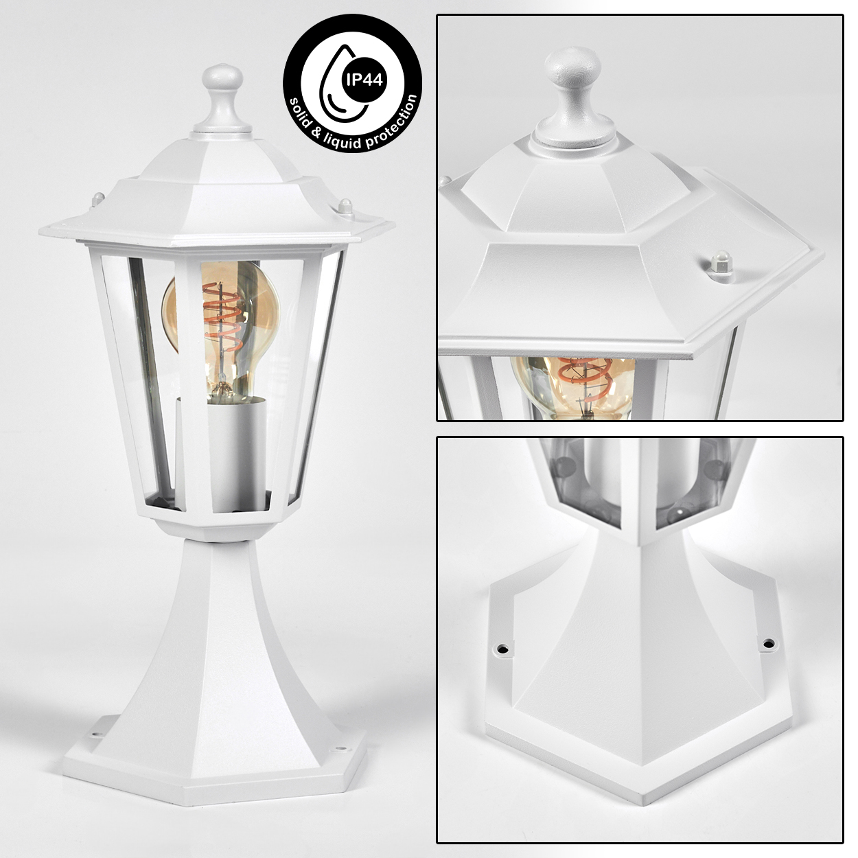 Weiße Außenlampe mit Glasscheiben und einer warmen Glühbirne. Sie hat einen sechseckigen Sockel und eine Spitze. IP44-Schutz.