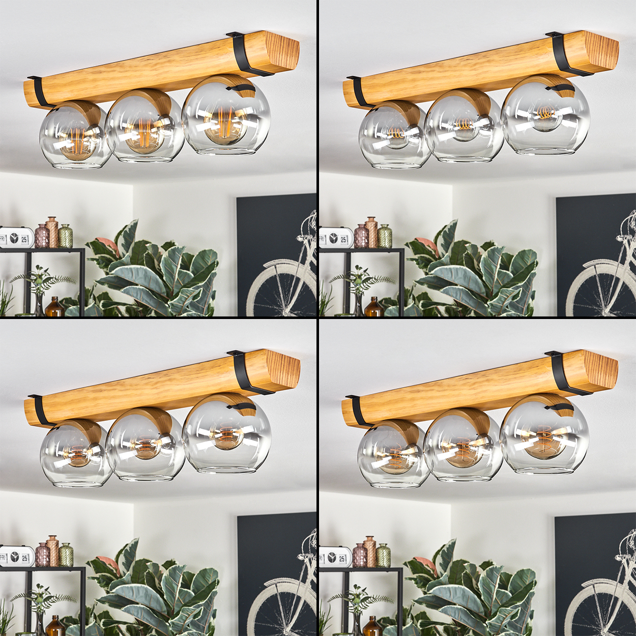 Ein Holzbalken mit drei Glaskugelleuchten. Darunter ein Raum mit Pflanzen, Regalen mit Vasen und einem Fahrradkunstwerk.