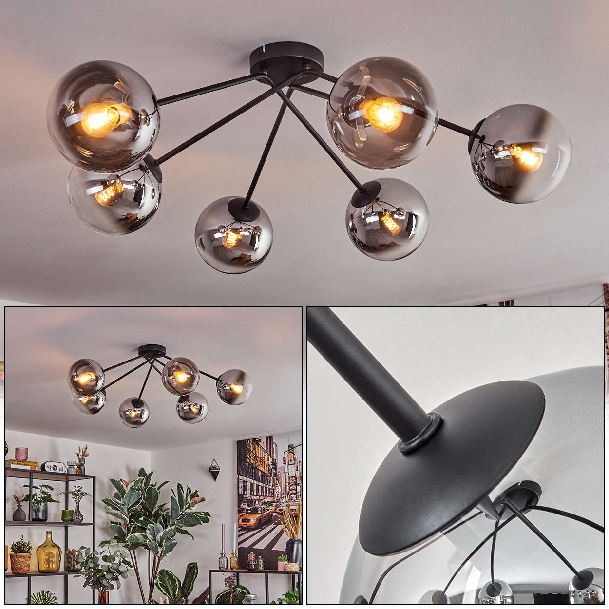 Eine moderne Deckenleuchte mit sechs rauchfarbenen Glaskugelschirmen, schwarzen Armen und freiliegenden Glühbirnen. Die Leuchte ist an einer weißen Decke befestigt.