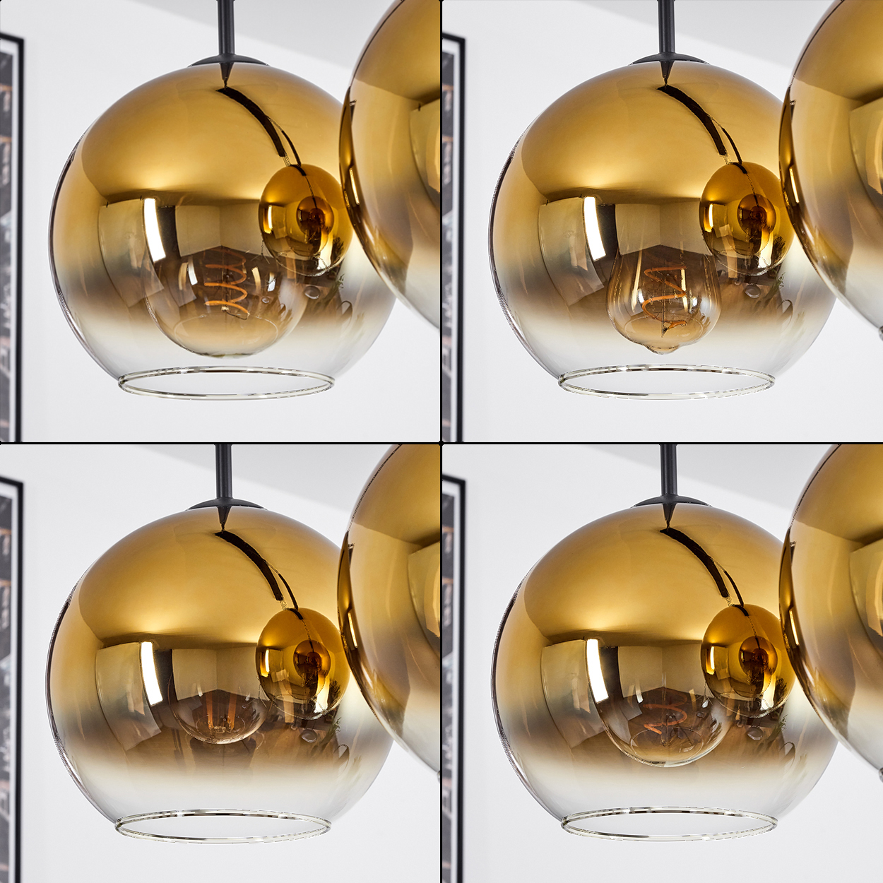 Vier goldene, kugelförmige Pendelleuchten. Jede hat eine Glühbirne. Sie hängen an schwarzen Stielen vor weißem Hintergrund.