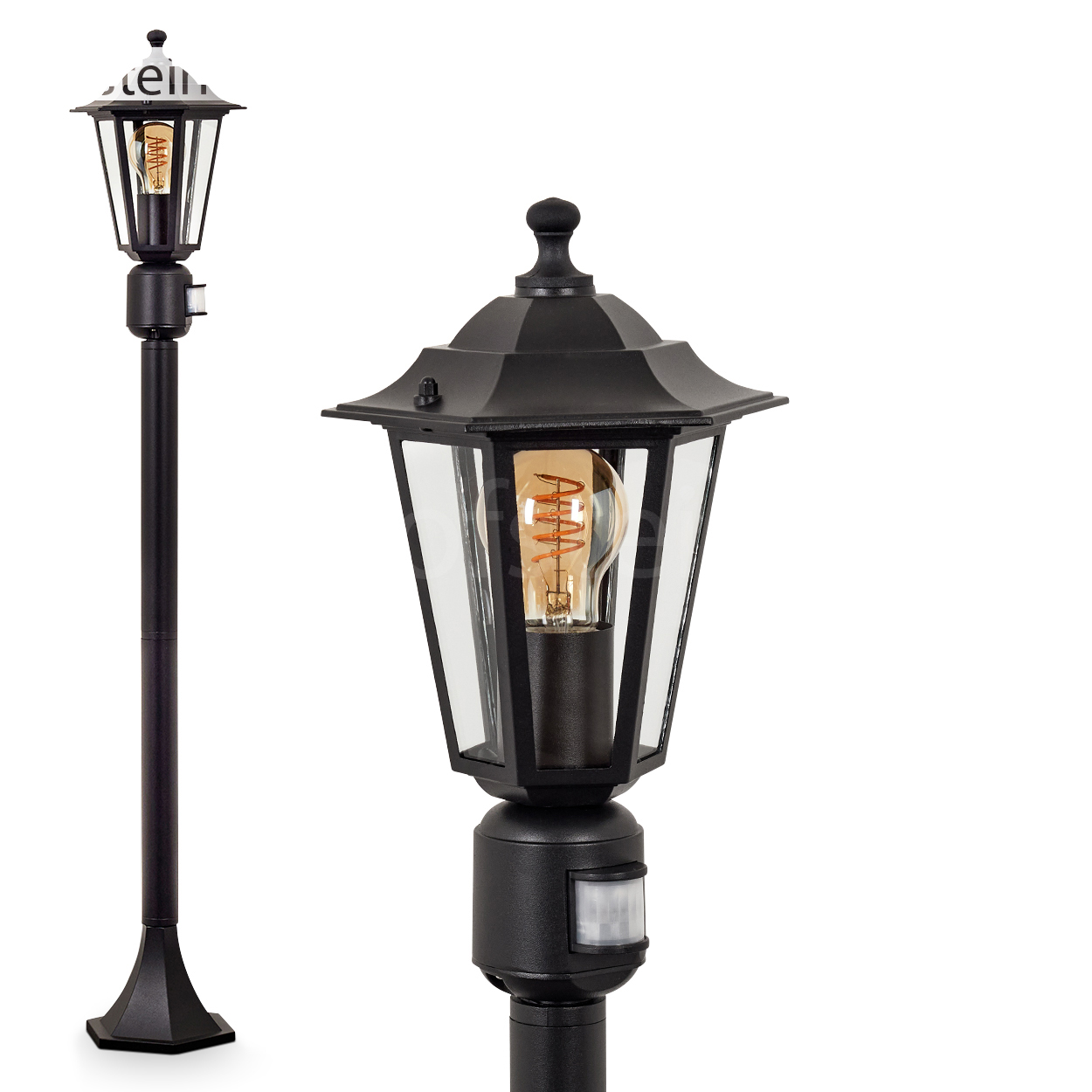 Eine schwarze Außenlaterne mit einer glaseingeschlossenen Glühbirne. Die Lampe hat einen Bewegungssensor und ist vor weißem Hintergrund isoliert.