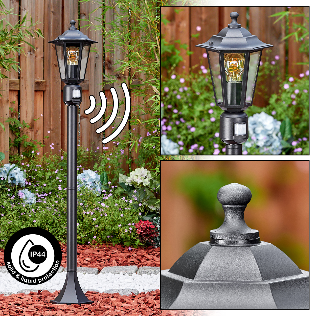 Eine schwarze Außenlampe mit Glasgehäuse. Sie hat einen Bewegungssensor und IP44-Schutz. Der Hintergrund zeigt Blumen und Holz.