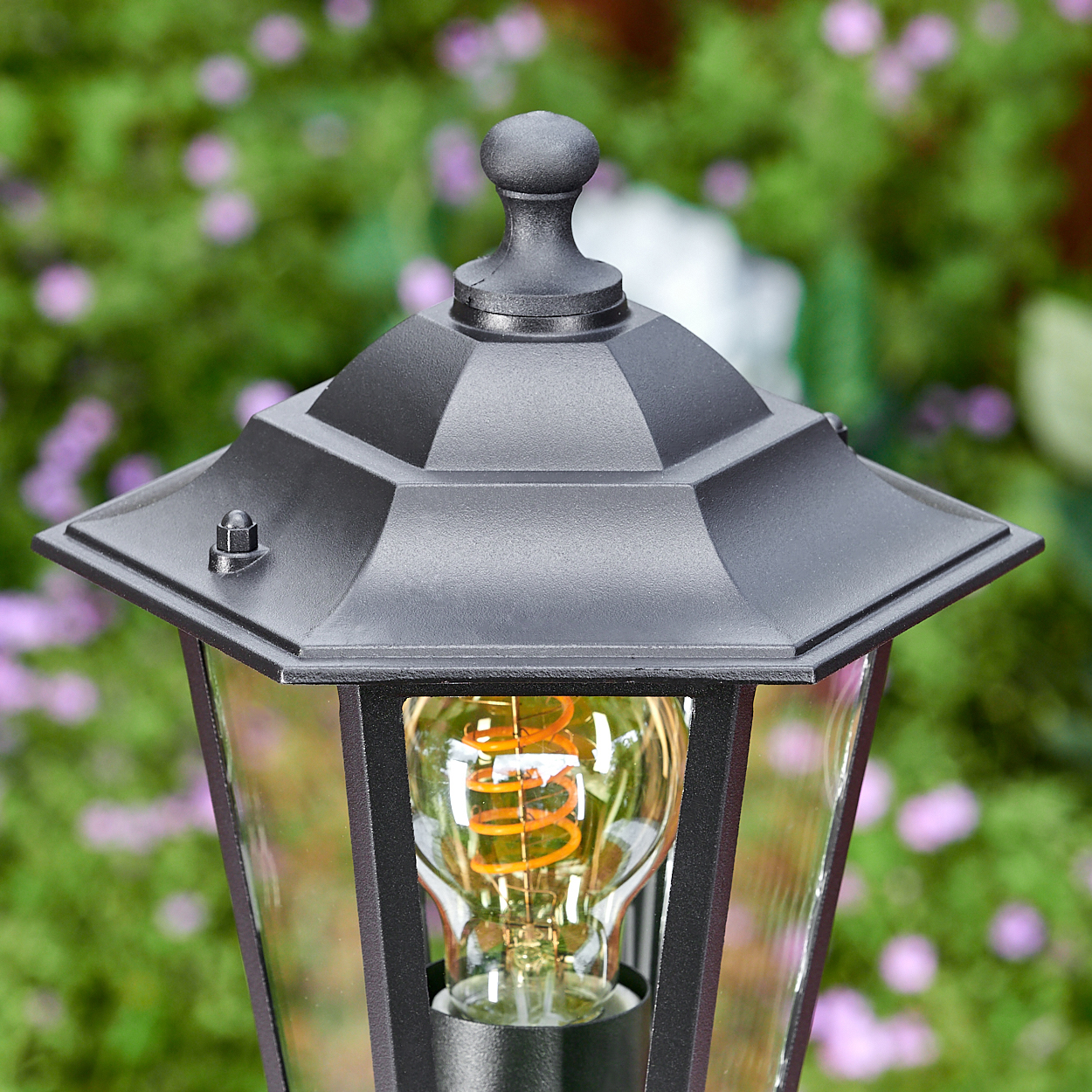 Nahaufnahme einer schwarzen Außenlampe mit sichtbarer Glühbirne. Grüner Hintergrund mit lila Blumen. Detaillierte Ansicht des Lampendesigns.