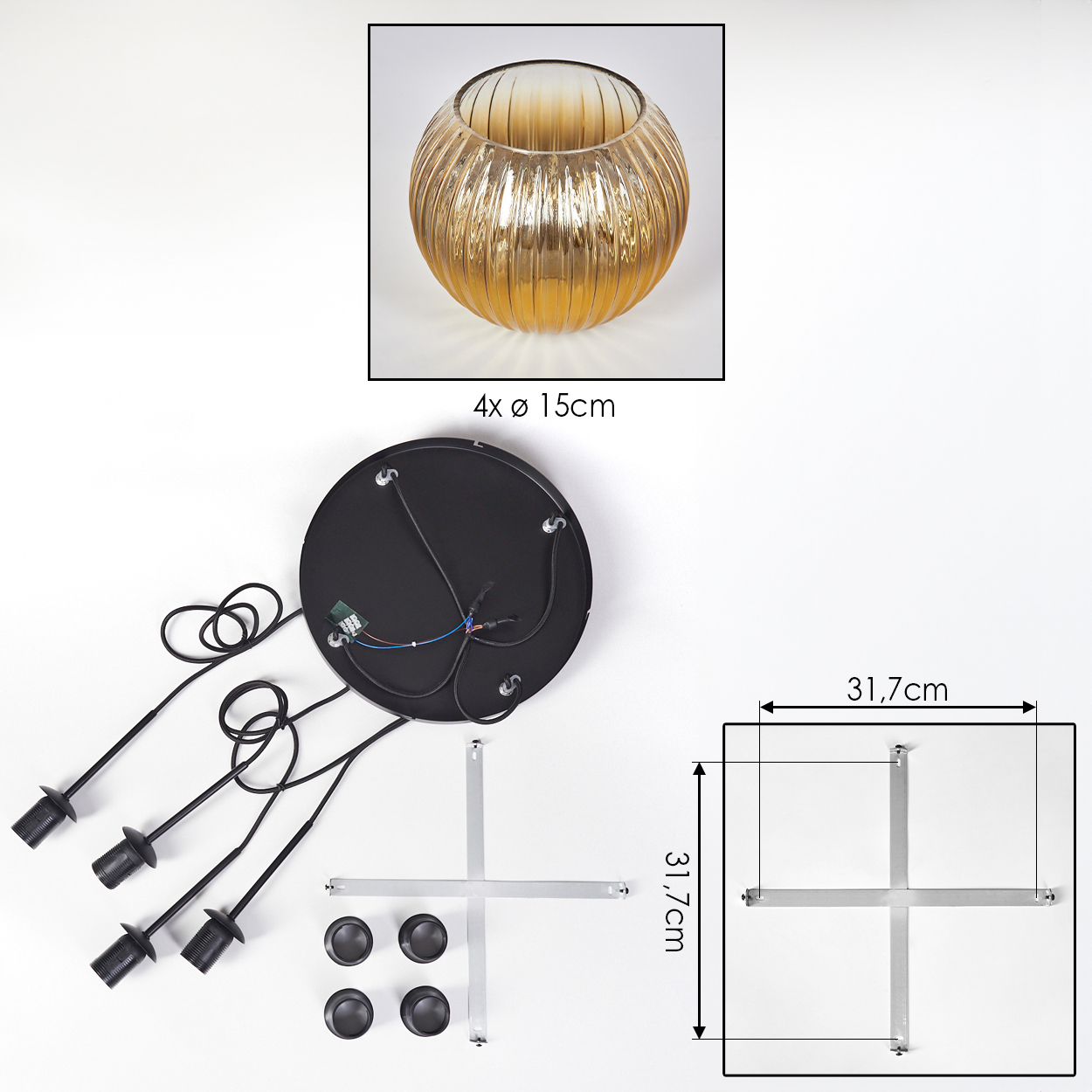 Zerlegte Pendelleuchte. Enthält einen goldenen Glasschirm, schwarzen Sockel, Drähte, Fassungen, Metallstützen und Abmessungen.