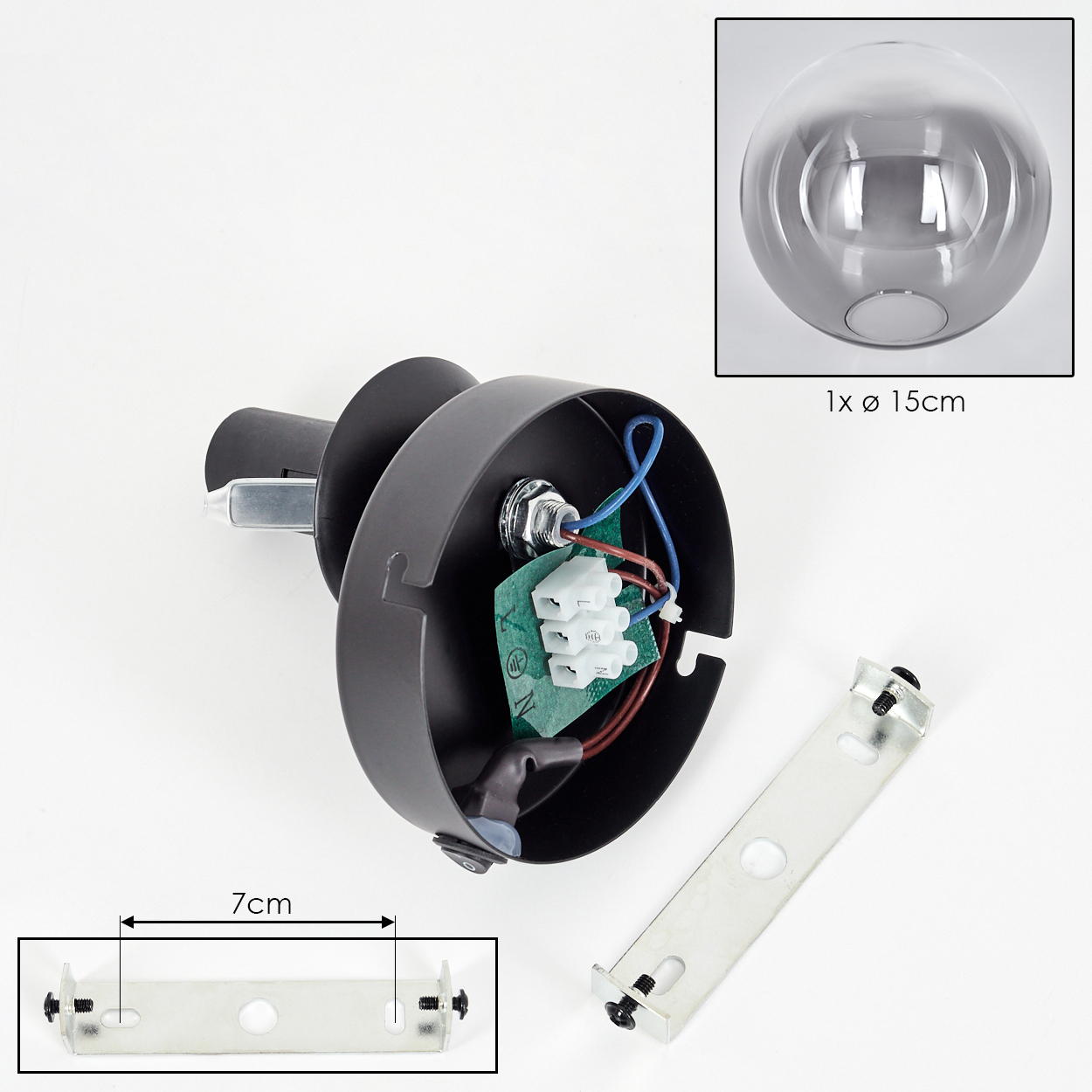 Schwarze Lampenfassung mit elektrischen Komponenten, einer Metallhalterung und einer Glaskugel. Abmessungen sind angegeben, sowie weißer Hintergrund.