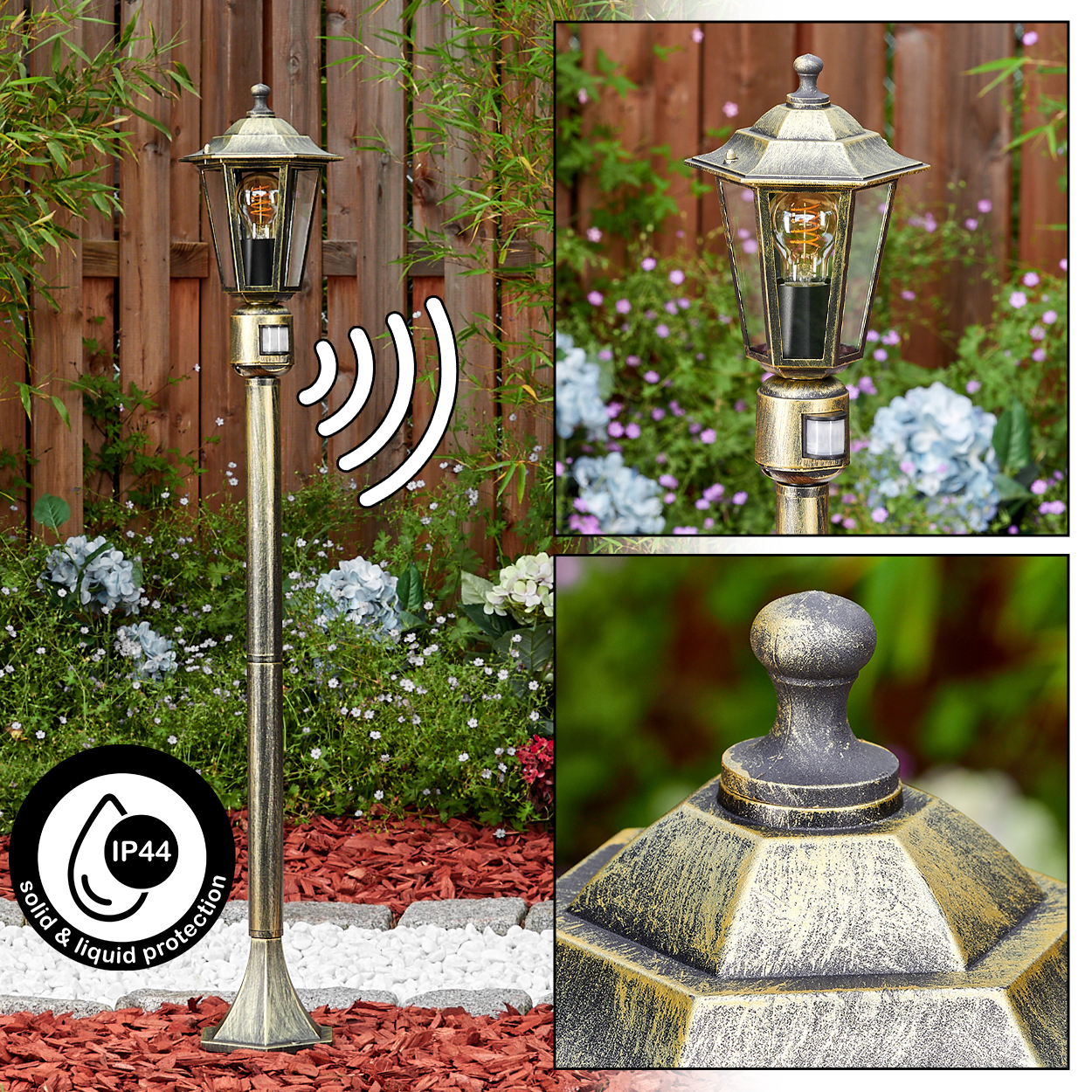Eine goldene Außenlampe mit Bewegungssensor, umgeben von Grün und Blumen. Sie hat die Schutzart IP44.