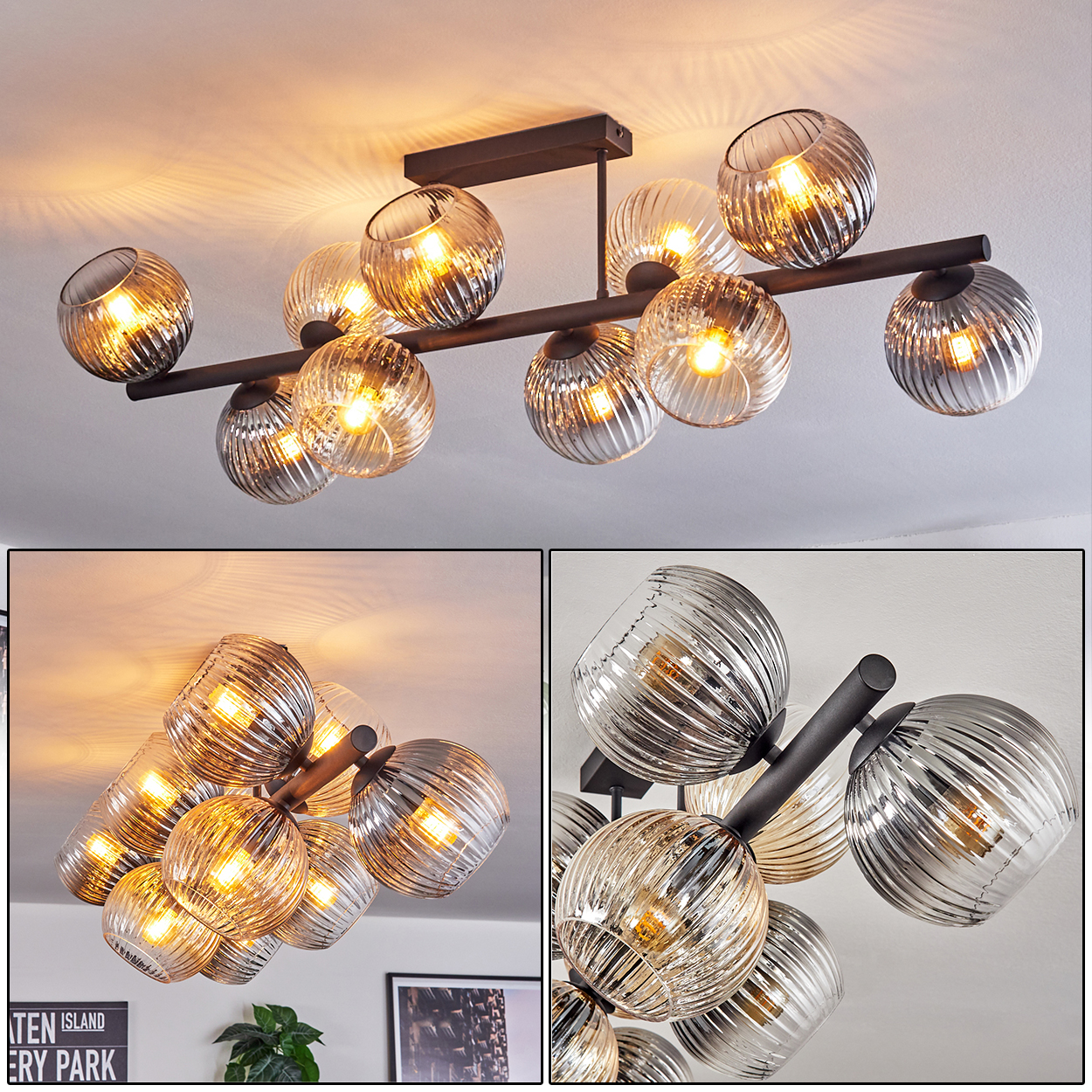 Eine moderne Deckenlampe mit mehreren Glaskugeln. Die Kugeln sind gerippt und enthalten leuchtende Glühbirnen. Die Lampe ist auf einem dunklen Metallrahmen montiert.