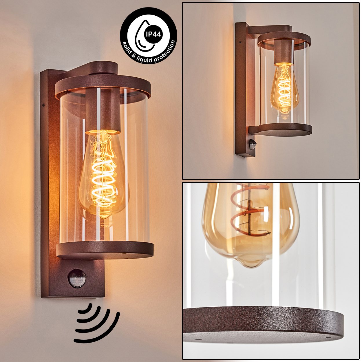 Außenwandleuchte mit Glaszylinder, bronzefarbenem Rahmen und Edison-Glühbirne. IP44-Schutz.