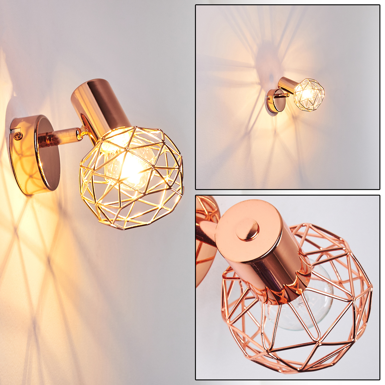 Drei kupferfarbene Wandlampen mit geometrischen Schirmen an weißer Wand. Die Lampen sind beleuchtet und werfen Schatten.