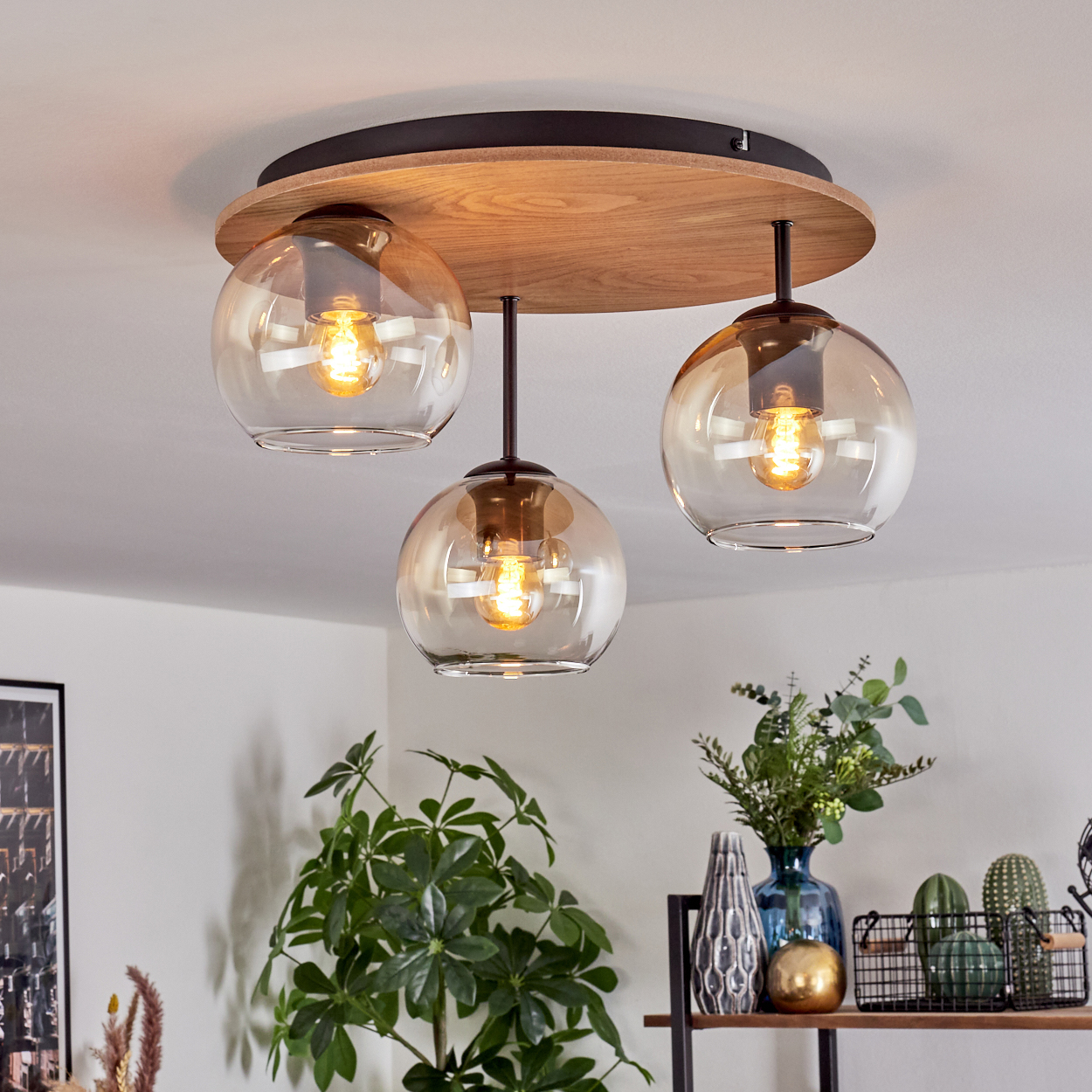Deckenlampe mit drei Glaskugelschirmen, jede mit einer warmen Glühbirne. Holzsockel. Pflanzen und Dekor auf einem Regal darunter.