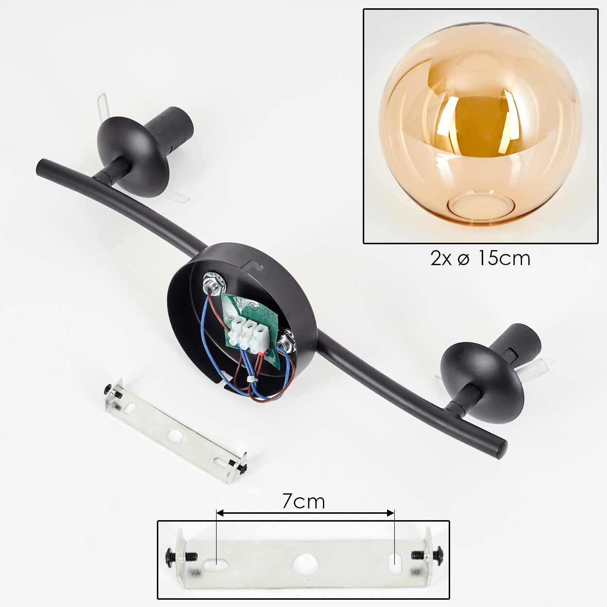 Schwarze Deckenlampe mit zwei Leuchten, einer Halterung und einer Glaskugel. Abmessungen sind auf dem Bild angegeben.