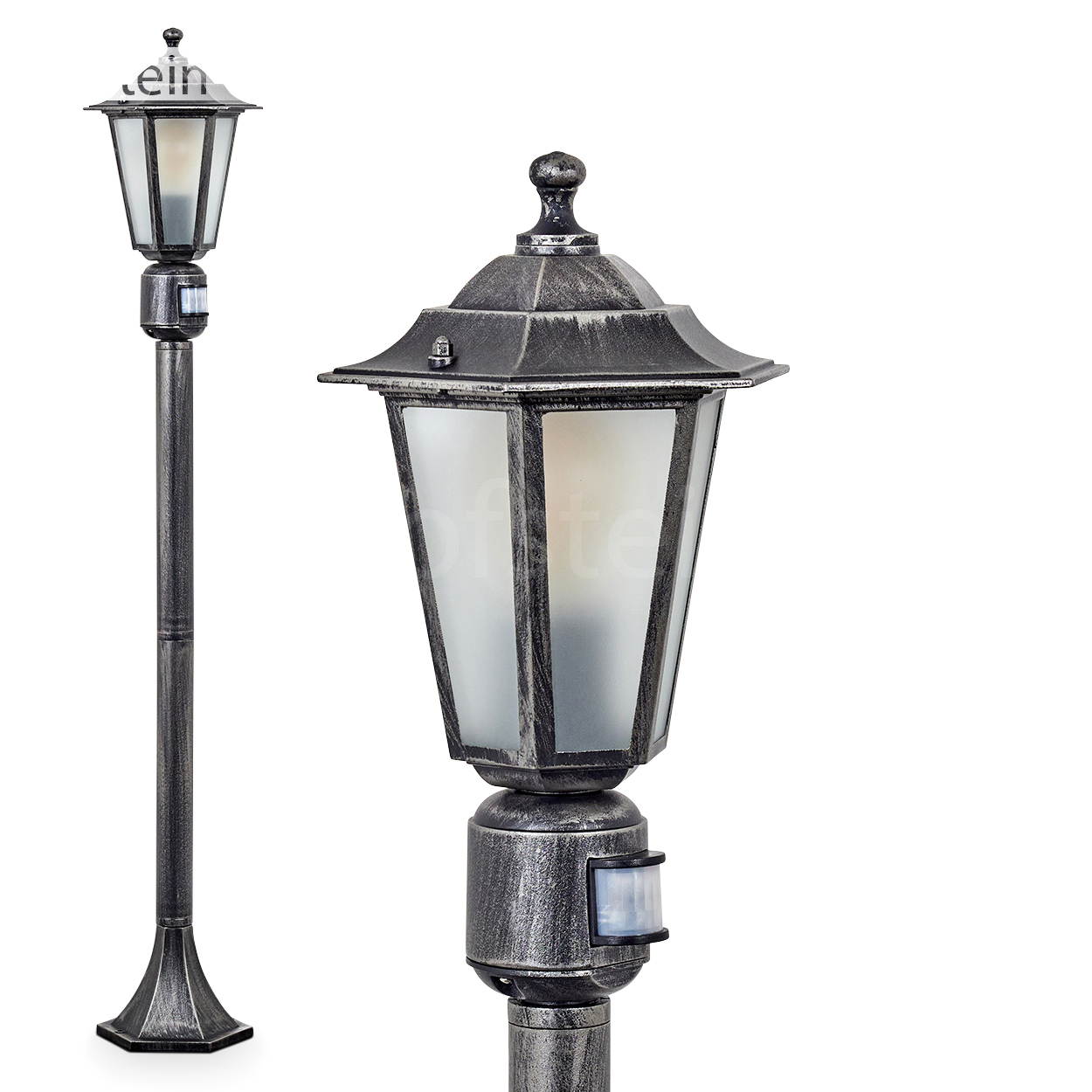 Eine verzierte, silberne Straßenlaterne mit einer Glaslaterne. Die Lampe hat einen Bewegungssensor. Der Hintergrund ist weiß.