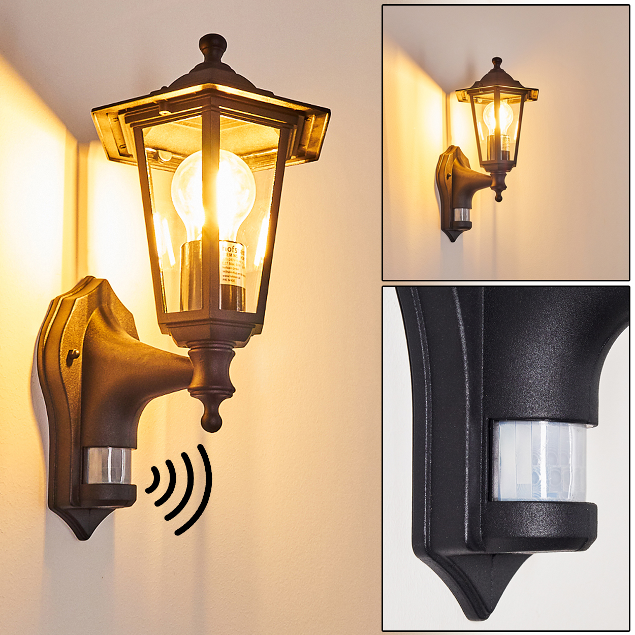 Schwarze Außenlampe mit Glühbirne, an einer weißen Wand montiert. Die Lampe hat einen Bewegungssensor, mit Signal.