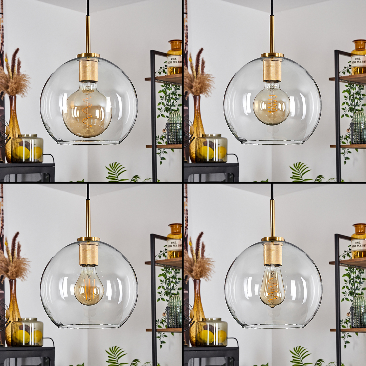 Eine klare Glaskugel-Pendelleuchte mit goldener Halterung hängt. Der Hintergrund umfasst Regale mit Dekorationen und Pflanzen.