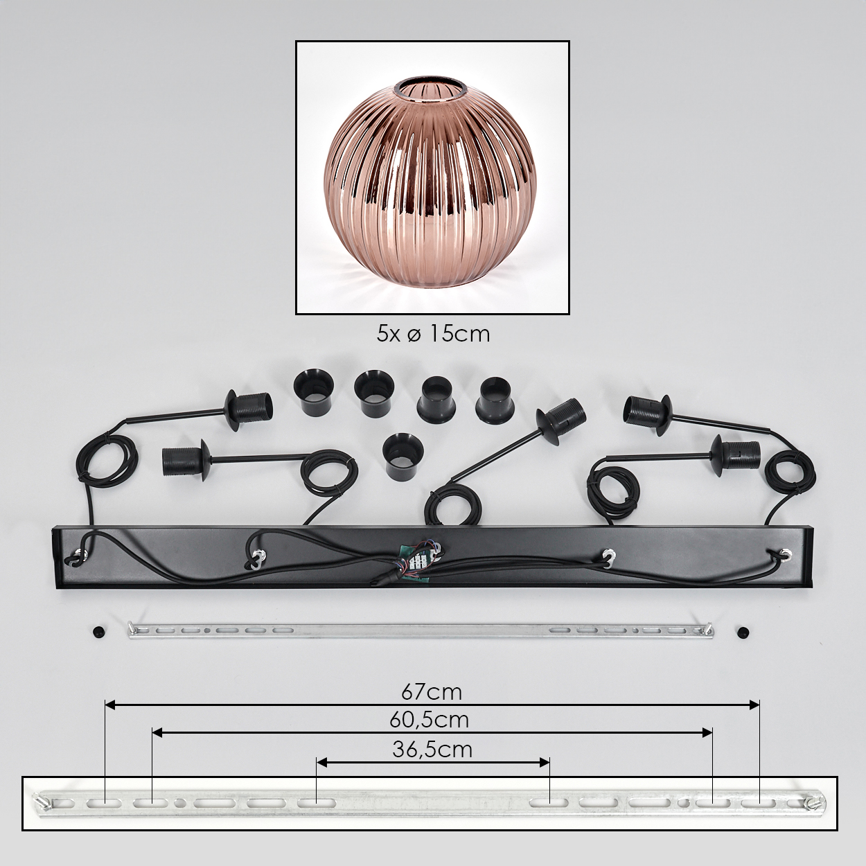 Das Bild zeigt eine zerlegte Lampe. Enthält eine kupferfarbene Kugel, schwarze Lampenfassungen, eine Montageleiste und beschriftete Maße.