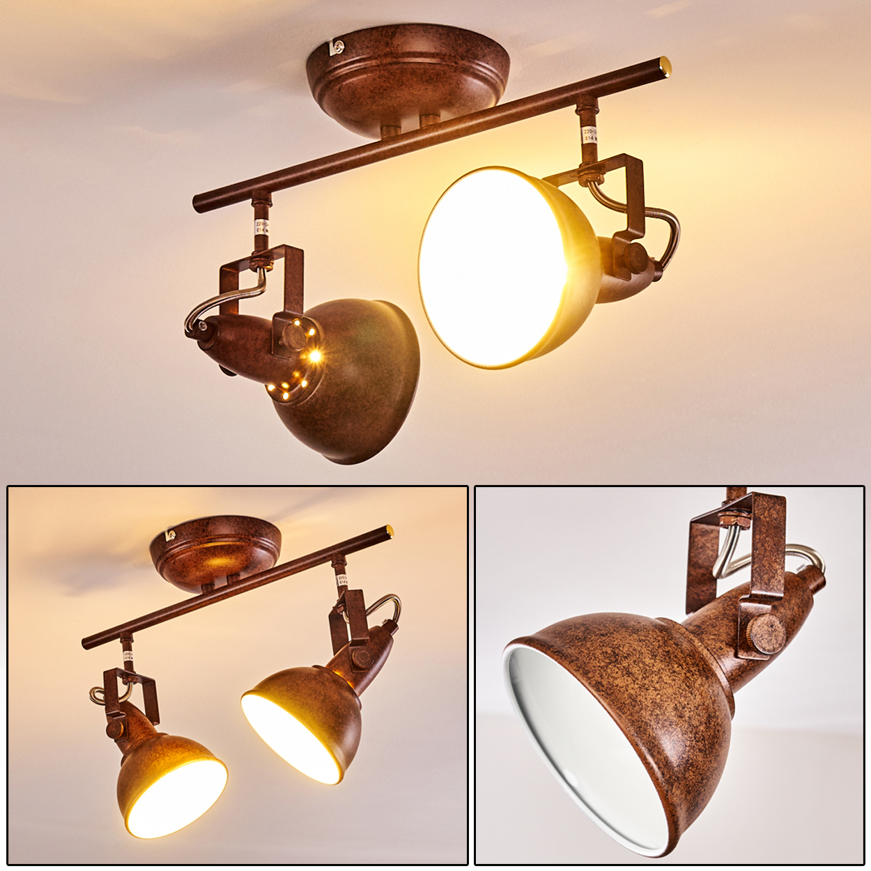 Ein rostbrauner Deckenstrahler mit zwei Lampen. Die Leuchten haben eine weiße Innenseite und sind eingeschaltet, wodurch der Raum beleuchtet wird.