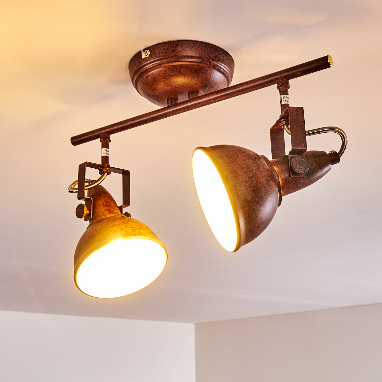 Eine Deckenstrahler-Leuchte mit zwei Lampen. Jede Lampe hat einen braunen, metallischen Schirm. Der Hintergrund ist eine weiße Decke.