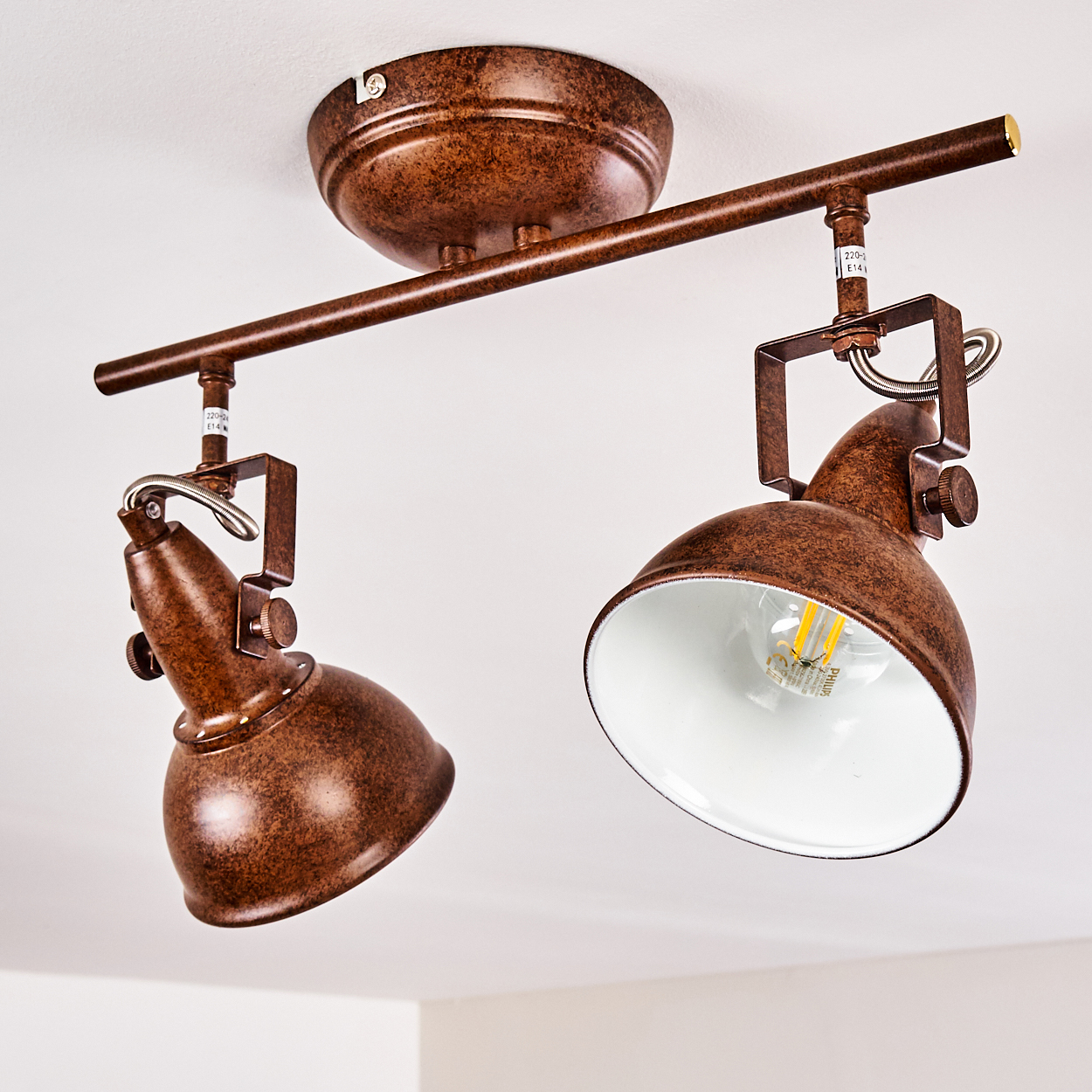 Eine Deckenstrahler-Leuchte mit zwei Lampen. Die Leuchte ist bronzefarben, die Lampen haben weiße Innenräume und sichtbare Glühbirnen.