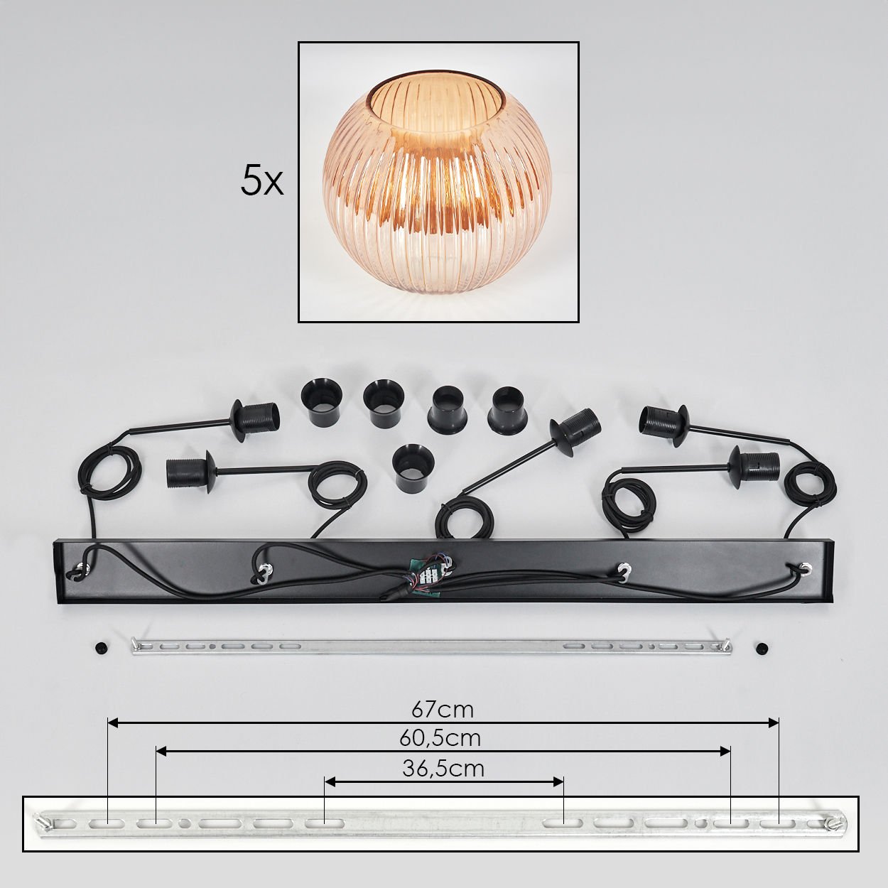 Das Bild zeigt eine zerlegte Lampe. Es gibt Lampenfassungen, 5 Glaslampen und eine lange Metallstange. Maße sind ebenfalls angegeben.
