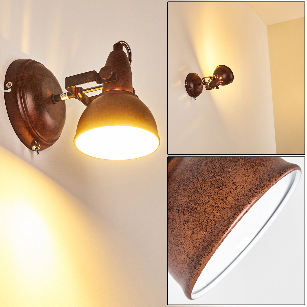 Eine rostbraune Wandlampe mit einem kuppelförmigen Schirm strahlt warmes Licht aus und wirft Schatten auf eine weiße Wand. Zusätzliche Nahaufnahmen enthalten.