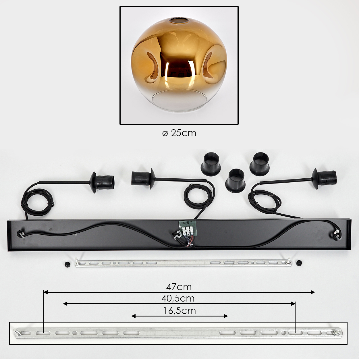 Zerlegte Lampe mit goldenem Glaskugel, schwarzen Stangen und schwarzem Sockel, sowie Maßangaben auf weißem Hintergrund.