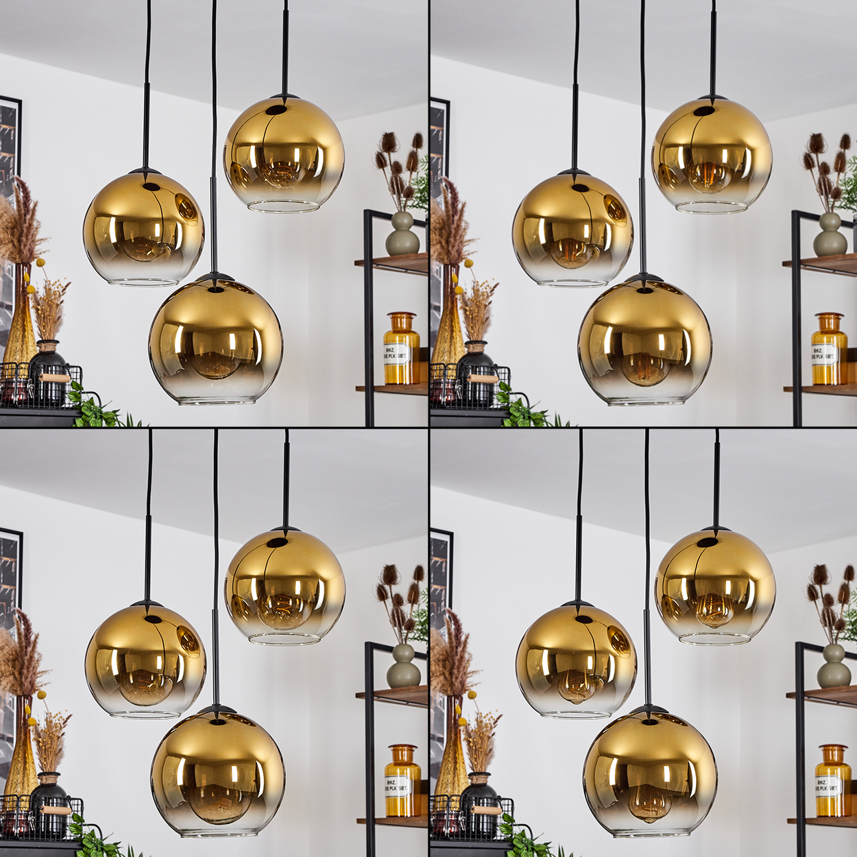 Vier Sets Pendelleuchten mit goldenen Kugeln. Jedes Set hat drei Lichter. Hintergrund: Regale mit Vasen und Dekorationen.