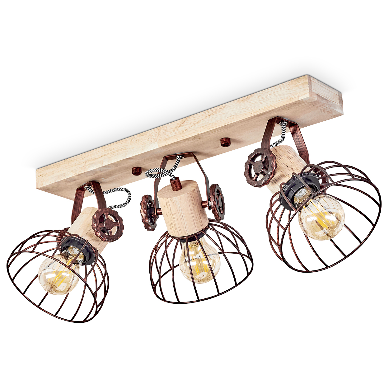 Deckenleuchte mit drei Lampen, Holzsockel, Metallkäfigschirmen und Edison-Glühbirnen. Drähte mit schwarz-weißem Muster. Industriedesign.
