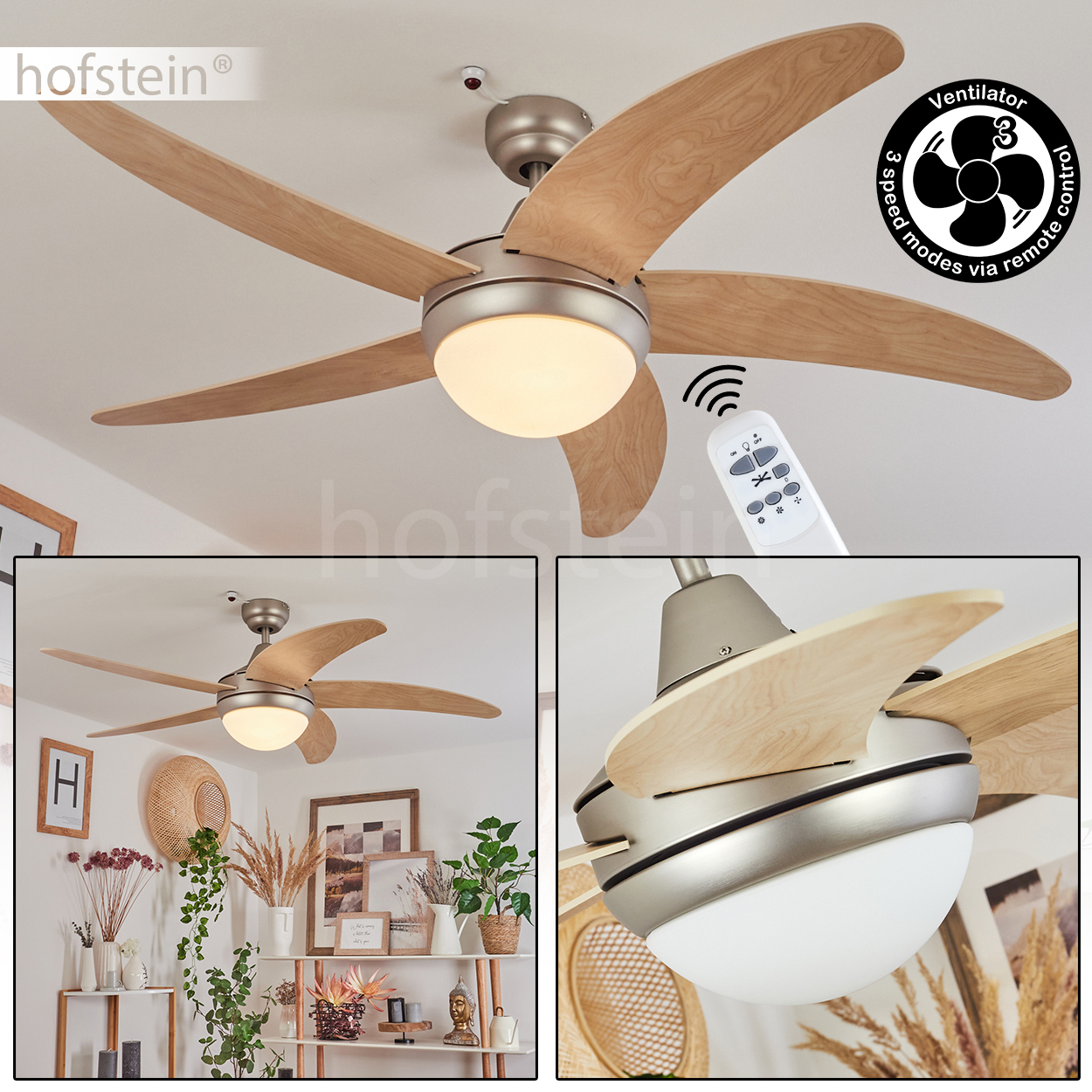 Deckenventilator mit Holzflügeln, Licht und Fernbedienung. Der Ventilator befindet sich in einem Raum mit Pflanzen und Dekorationen.