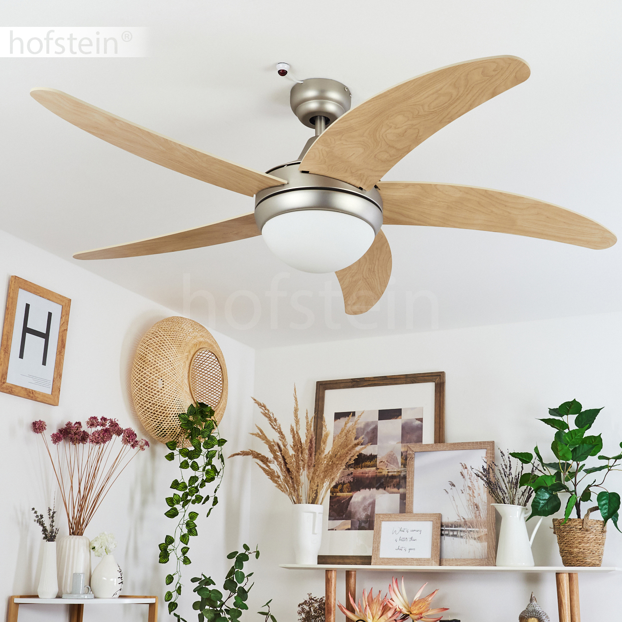 Ein Deckenventilator mit Holzflügeln ist installiert. Darunter befinden sich ein Regal mit gerahmten Kunstwerken, Vasen mit getrockneten Pflanzen und eine Topfpflanze.