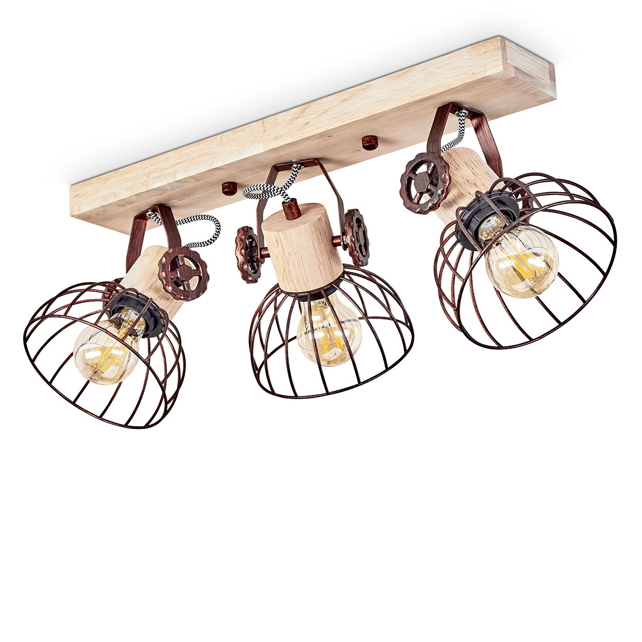 Deckenleuchte mit drei freiliegenden Glühbirnen. Die Leuchte ist aus Holz mit Metallkäfigen und dekorativen Zahnrädern.