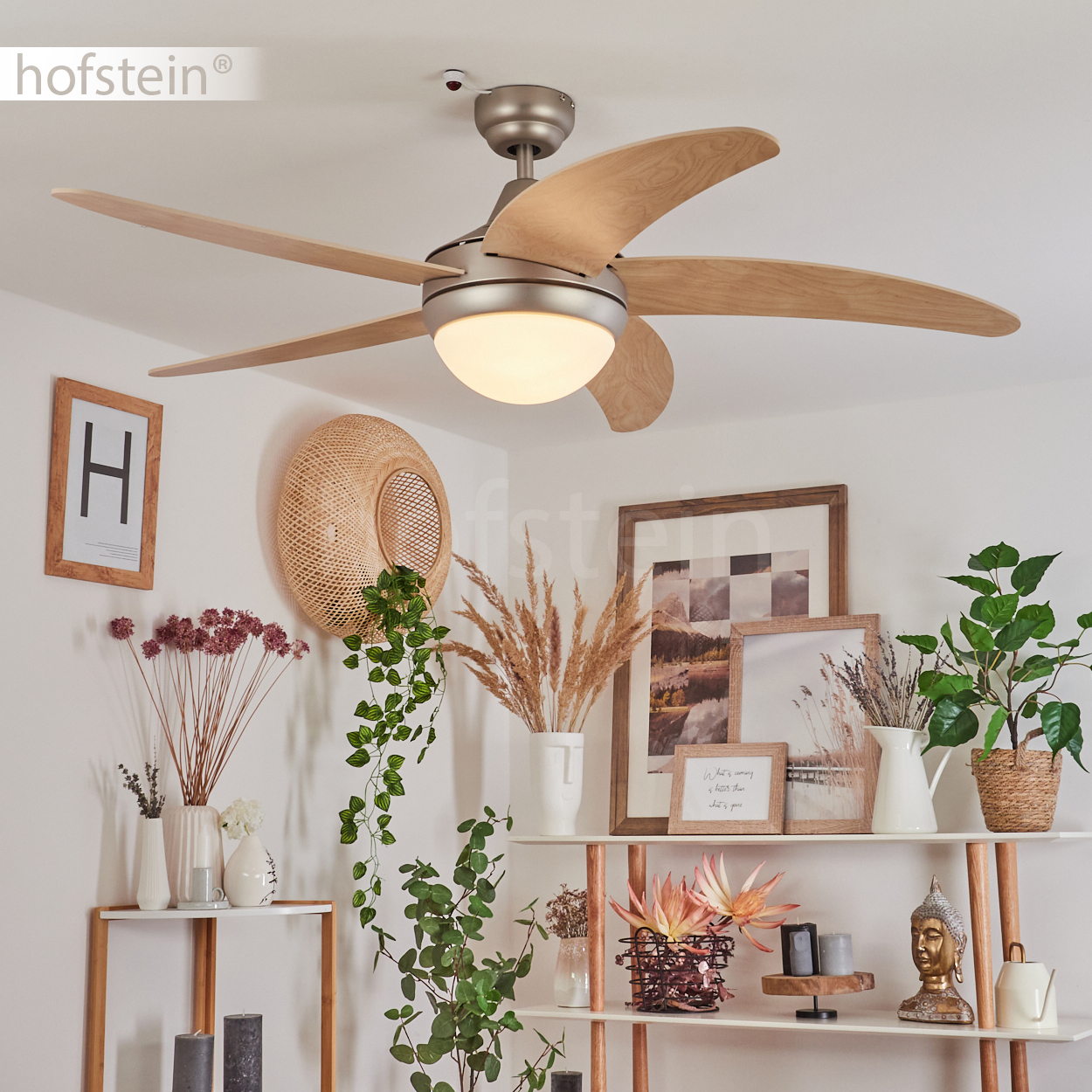 Ein Deckenventilator mit Holzflügeln ist zentriert. Regale zeigen Dekorationen wie Pflanzen, Vasen und gerahmte Kunst. Eine Buddha-Statue ist sichtbar.