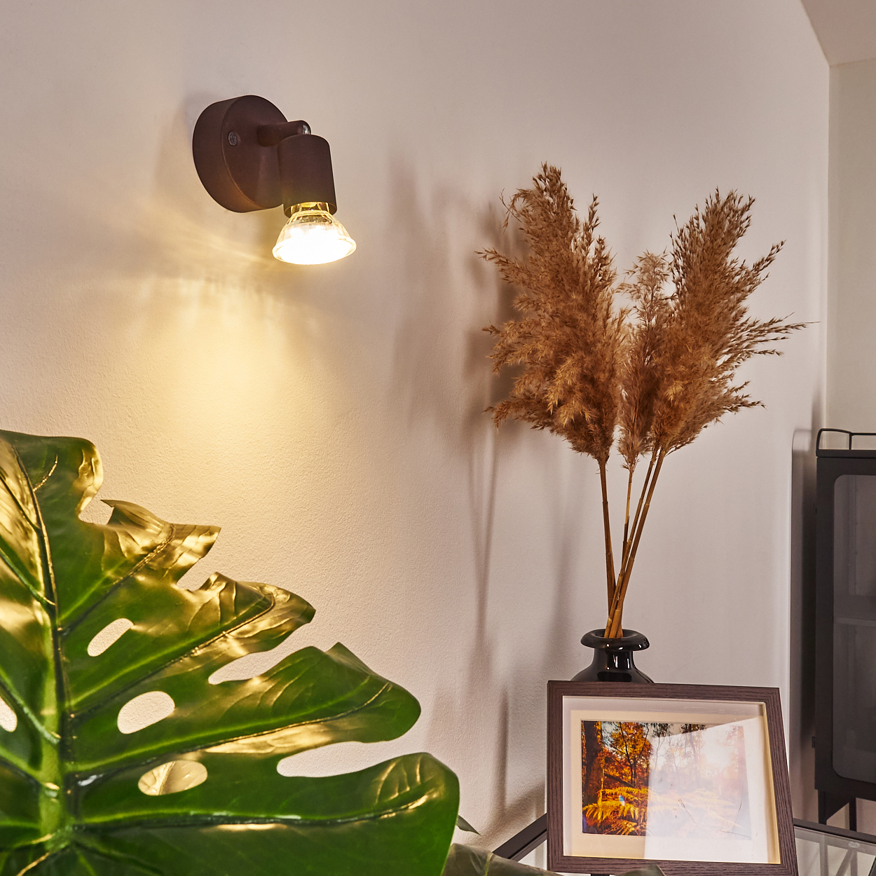 Ein Scheinwerfer beleuchtet ein Monstera-Blatt und getrocknete Pflanzen in einer Vase. Darunter befindet sich ein gerahmtes Bild.