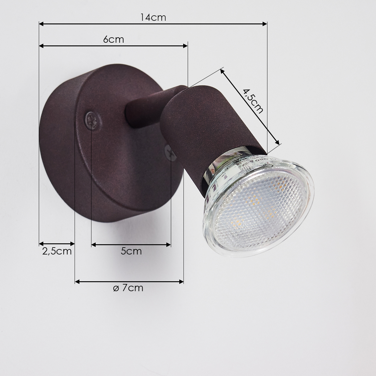 Ein brauner, an der Wand montierter Strahler mit Maßangaben. Er hat eine kreisförmige Basis, einen Arm und ein Licht mit klarer Glühbirne.