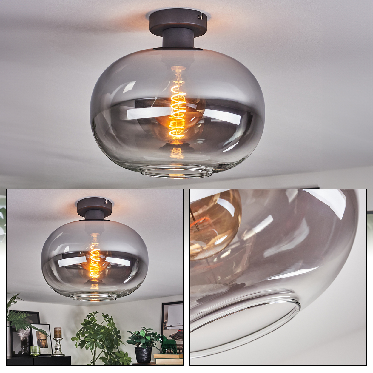 Eine moderne, runde Deckenlampe mit rauchfarbenem Glasschirm und einer sichtbaren, spiralförmigen Glühbirne. Die Lampe ist auf einem dunklen Metallsockel montiert.