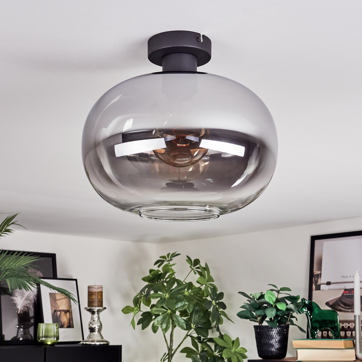 Eine moderne Deckenlampe mit rauchfarbenem Glasschirm. Darunter sind Pflanzen und Dekoration zu sehen. Die Lampe ist an einer weißen Decke montiert.